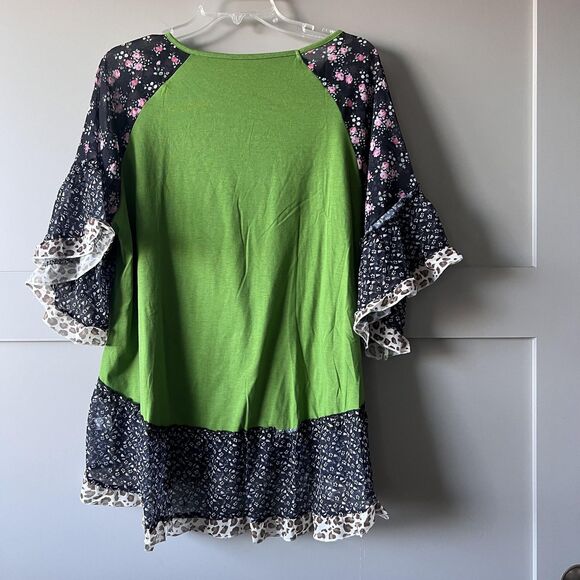 Boho Floral Leopard Floral Top Women Large Green Black Ruffle Bell Sleeve Tiered - Picture 2 of 9